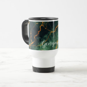 Personalised Autumnal Forest Green & Gold Marble Travel Mug