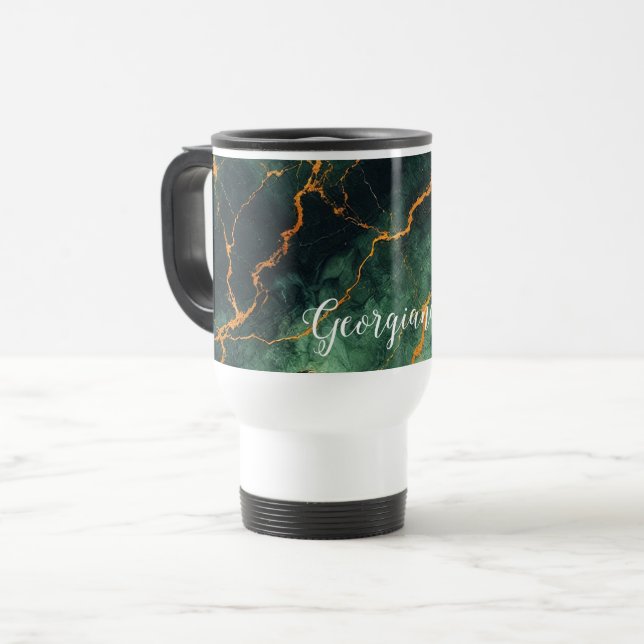 Personalised Autumnal Forest Green & Gold Marble Travel Mug (Front Left)