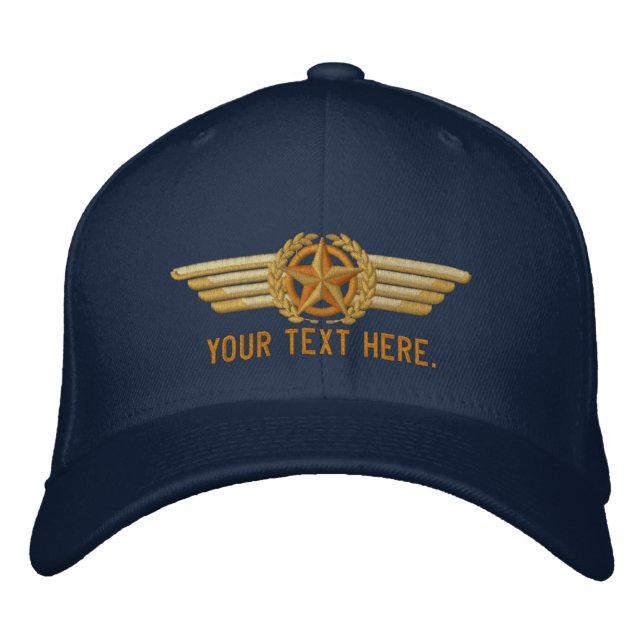 Personalised Aviation Star Laurels Pilot Wings Embroidered Hat (Front)