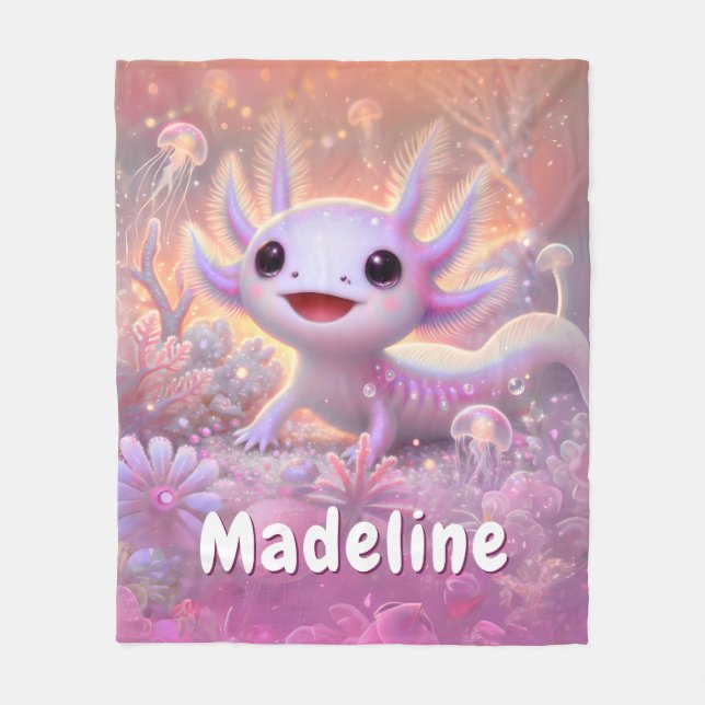Personalised Axolotl Gift Custom Name Pink Fleece Blanket (Front)