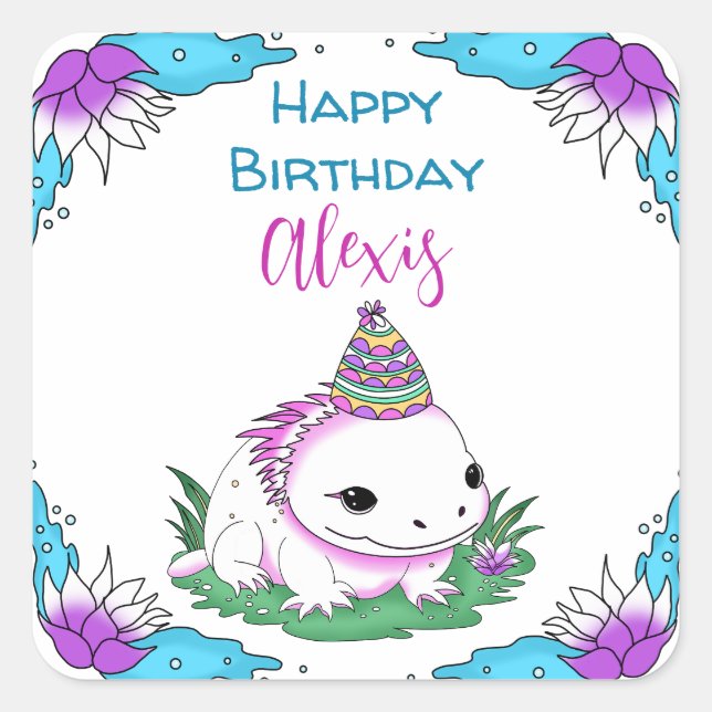 Personalised Axolotl Themed Girl's Birthday  Square Sticker (Front)