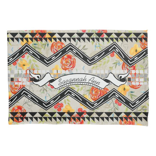 Personalised Aztec Floral Red and Orange Pattern Pillowcase (Front)