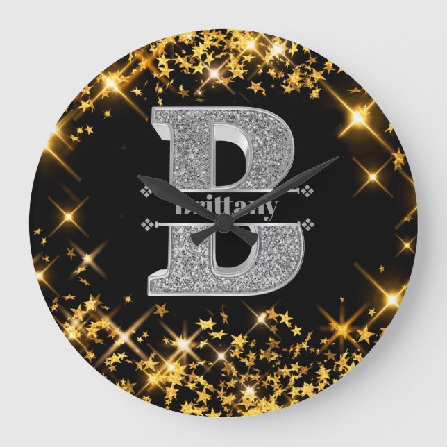 Personalised B Initial Silver Monogram Your Name  Large Clock (Front)