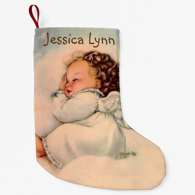 Personalised Baby Angel Wings Double sided Small Christmas Stocking (Front)
