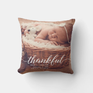Personalised baby announcement thankful photo cushion
