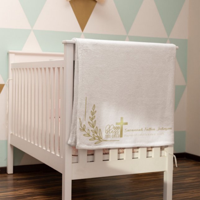 Personalised Baby Baptism Gold Cross Floral Sherpa Blanket (Creator Uploaded)