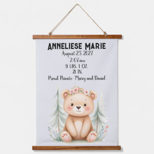 Personalised Baby Bear Birth Stats Girls' Nursery Hanging Tapestry