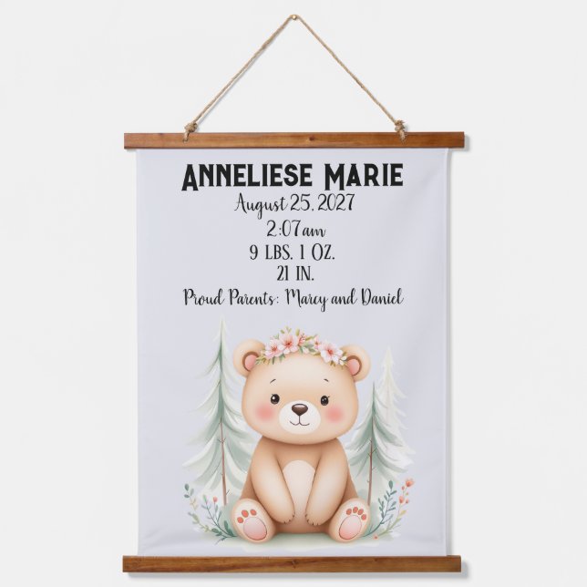 Personalised Baby Bear Birth Stats Girls' Nursery Hanging Tapestry (Front)