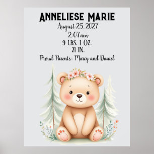 Personalised Baby Bear Birth Stats Girls' Nursery Poster
