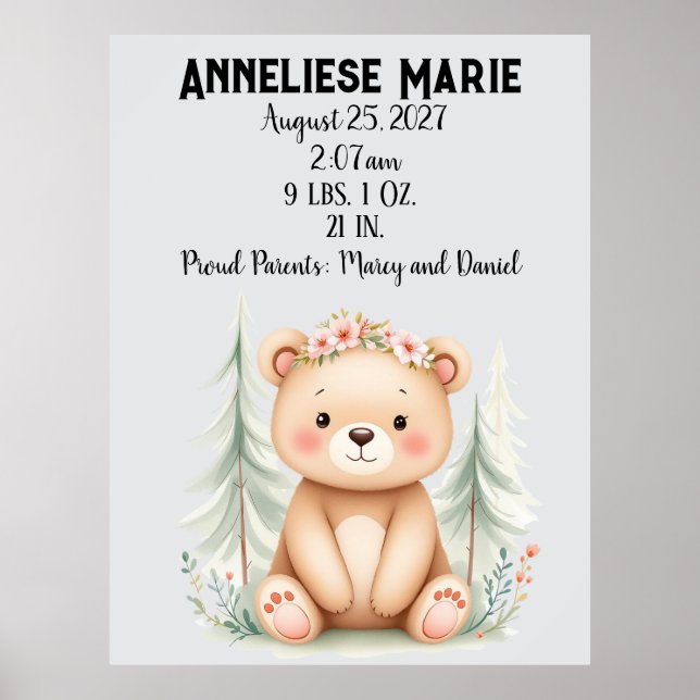Personalised Baby Bear Birth Stats Girls' Nursery Poster (Front)