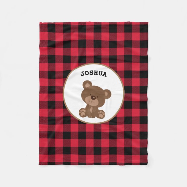 Personalised Baby Bear Buffalo Plaid Lumberjack Fleece Blanket (Front)