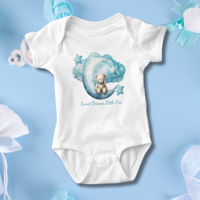 Personalised Baby Bear Moon Star Cloud Blue Boy Bodysuit (Personalized Blue Baby Bear Sitting on Moon with Stars and clouds. Baby shower gift baby boy)
