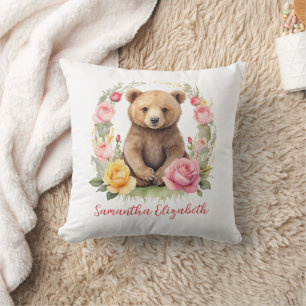 Personalised Baby Bear Pink Yellow Roses Baby Cushion