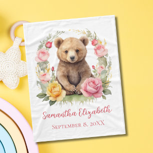 Personalised Baby Bear Pink Yellow Roses Baby Fleece Blanket