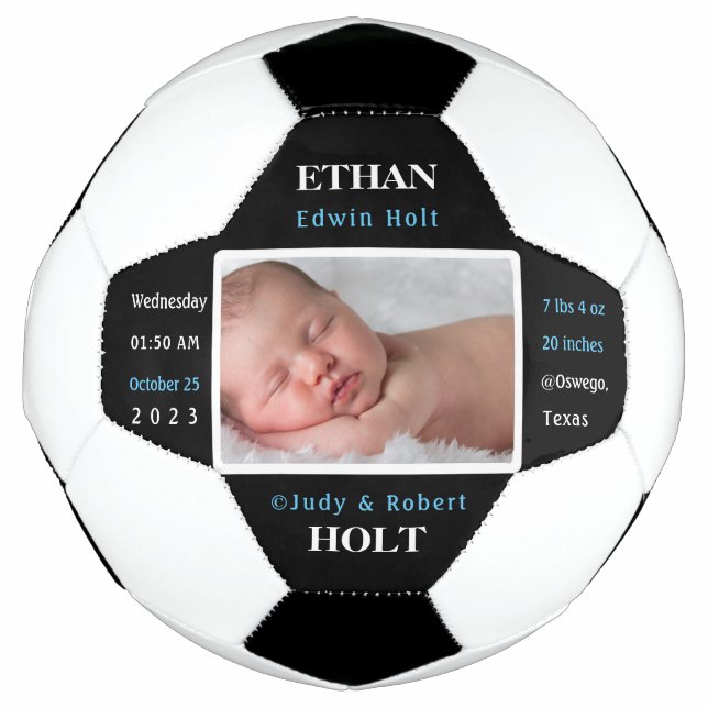 Personalised Baby Birth Stats Announcement Photo Football (Front)