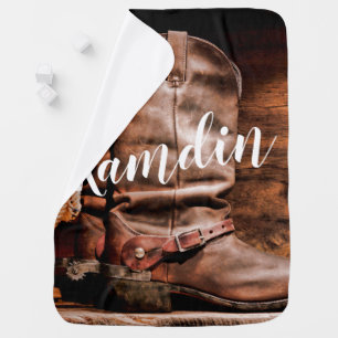 Personalised Baby Blanket Cowboy Boots Barn Wood R
