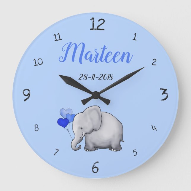 Personalised Baby Blue Cute Elephant Nursery Large Clock (Front)