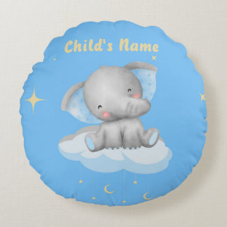 Personalised Baby Blue Elephant Round Pillow