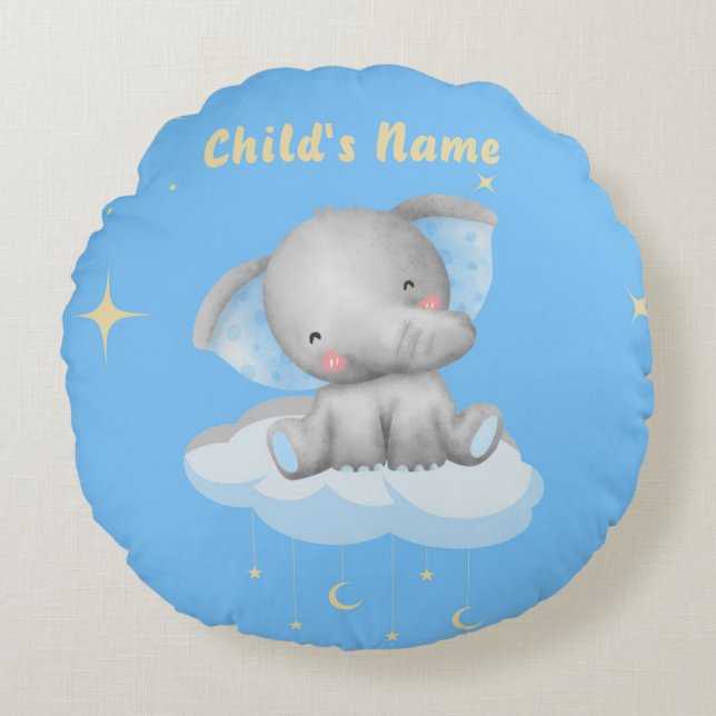 Personalised Baby Blue Elephant Round Pillow (Front)
