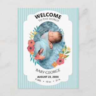 personalised baby blue floral Birth announcements Postcard
