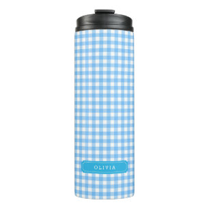 Personalised Baby Blue Gingham Monogram Thermal Tumbler