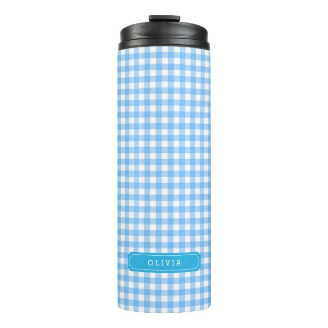 Personalised Baby Blue Gingham Monogram Thermal Tumbler (Front)