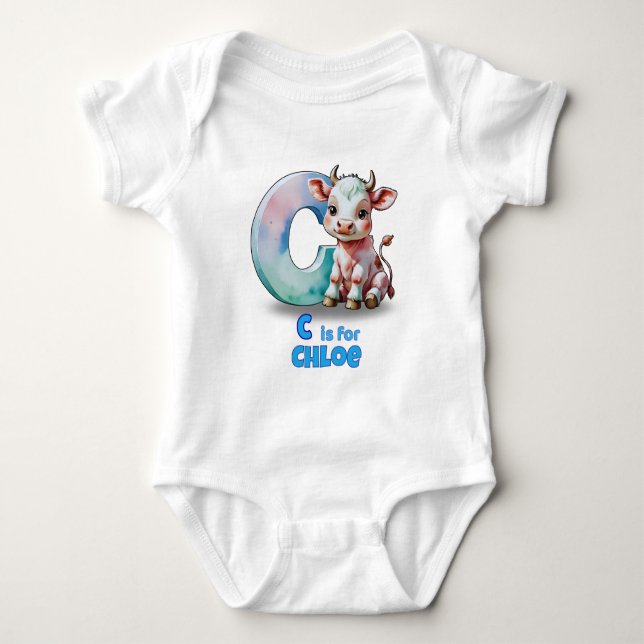 Personalised Baby Bodysuit – C is for Cow (Front)