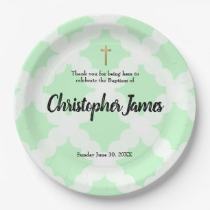 Personalised Baby boy Baptism Green gold cross Paper Plate