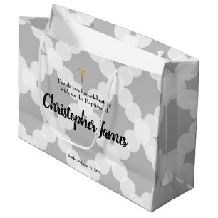 Personalised Baby Boy baptism Grey Gold Cross Large Gift Bag