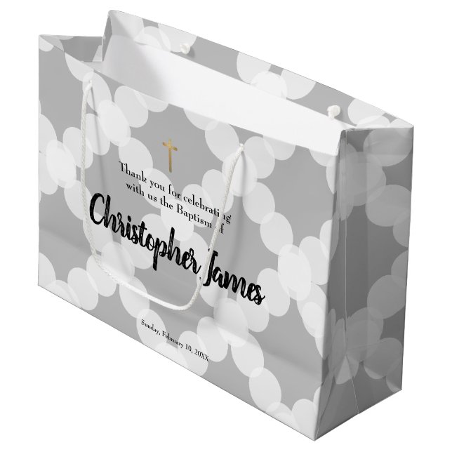 Personalised Baby Boy baptism Grey Gold Cross Large Gift Bag (Front Angled)
