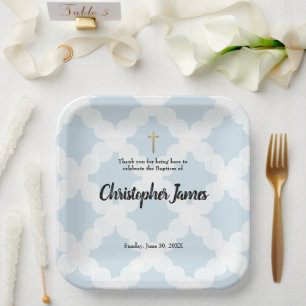 Personalised Baby boy blue Baptism & gold cross Pa Paper Plate