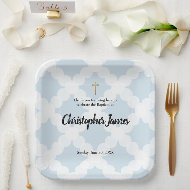 Personalised Baby boy blue Baptism & gold cross Pa Paper Plate (Wedding)