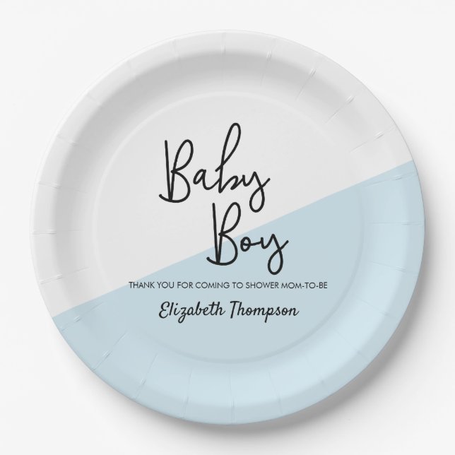Personalised Baby Boy Blue Modern Baby Shower Paper Plate (Front)