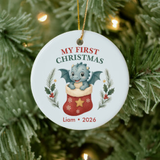 Personalised Baby Boy First Christmas Dragon Ceramic Tree Decoration