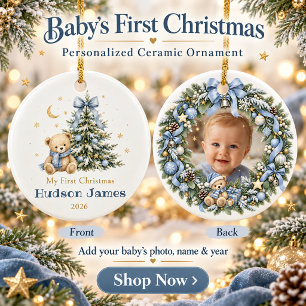 Personalised Baby Boy First Christmas Photo Ceramic Tree Decoration
