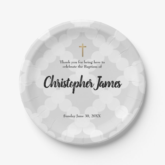 Personalised Baby boy Grey Baptism & gold cross Paper Plate (Front)