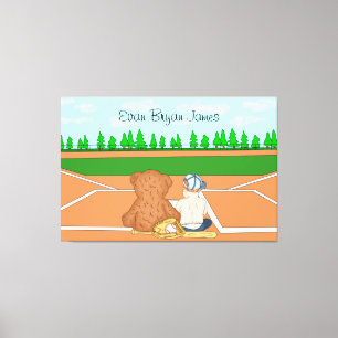 Personalised Baby Boy in Baseball Cap Teddy Bear  Canvas Print