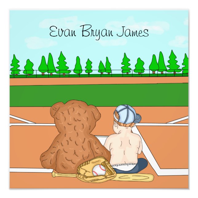 Personalised Baby Boy in Baseball Cap Teddy Bear  Photo Print (Front)