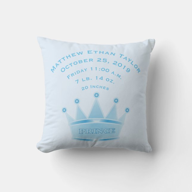 Personalised Baby Boy Prince Birth Record Stats Cushion (Front)