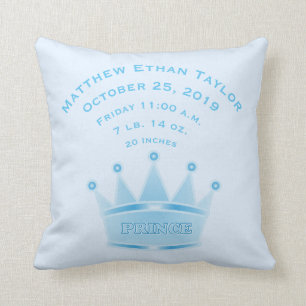 Personalised Baby Boy Prince Birth Record Stats Cushion