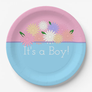 Personalised Baby Boy Shower, Floral Pink and Blue Paper Plate