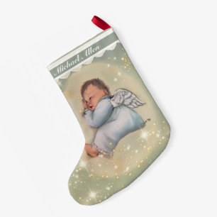 Personalised Baby Boy Sleeping Angel Vintage Small Christmas Stocking
