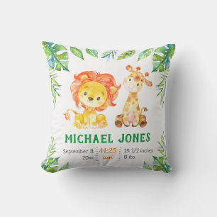 Personalised Baby Boy Stats Green Safari Nursery Cushion