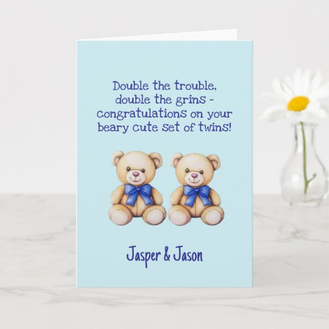 Personalised Baby Boy Twins Congratulations, Bears Card (Small Plant)