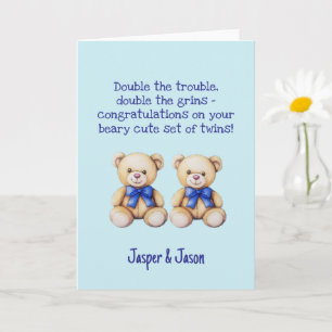 Personalised Baby Boy Twins Congratulations, Bears Card