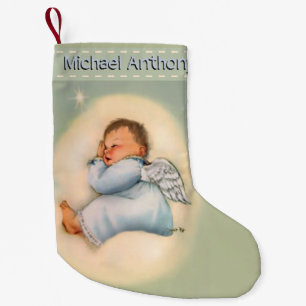 Personalised Baby Boy Vintage Sleeping Angel Small Christmas Stocking