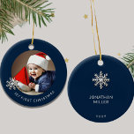 Personalised Baby Boy's First Christmas Ornament<br><div class="desc">Celebrate your little prince's debut holiday with this Personalised Baby Boy's First Christmas Ornament. Designed for your unique touch, this ornament features a charming snowflake-framed space for a treasured photo of your baby boy. "My First Christmas" is elegantly displayed in sans-serif font below the photo, exuding warmth and joy. The...</div>