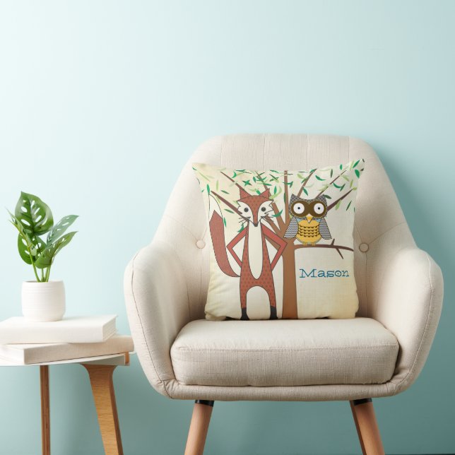 Personalised Baby Boy's Room Cute Fox and Owl Cushion (Chair)