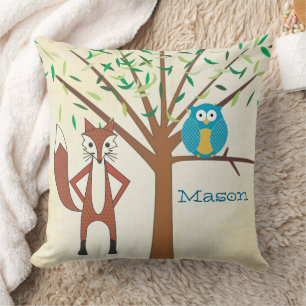 Personalised Baby Boy's Room Cute Fox and Owl Cushion
