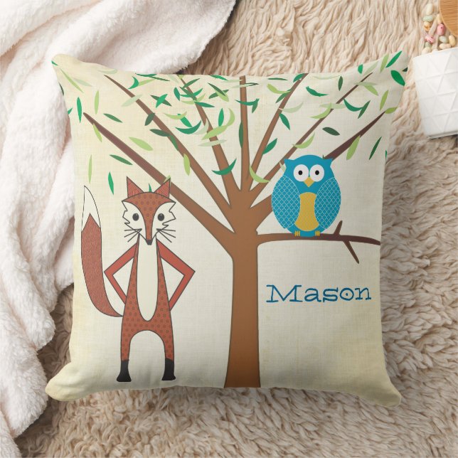 Personalised Baby Boy's Room Cute Fox and Owl Cushion (Blanket)